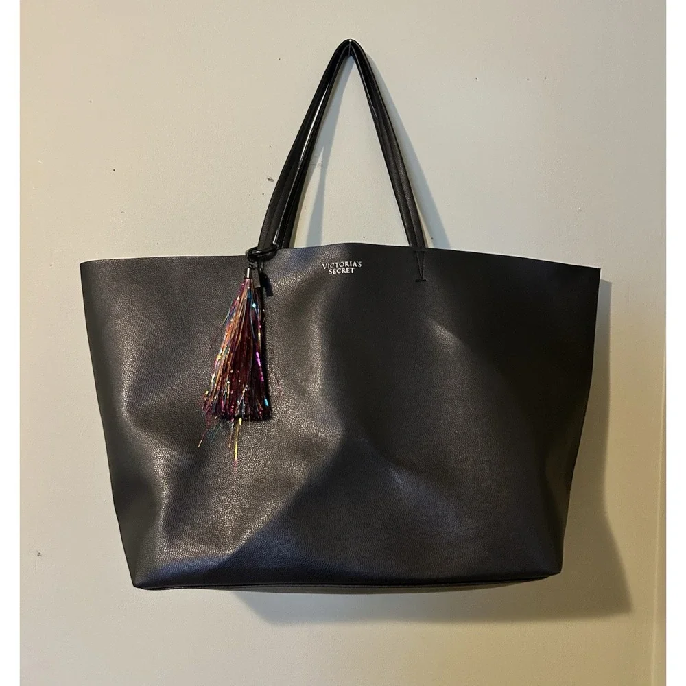 Victoria's Secret Black Pebbled Faux Leather Large‎ Tote Bag with Tinsel Tassel